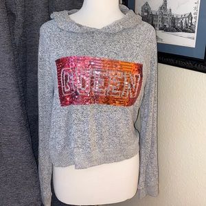 Women’s Gray Sequins Queen Hoodie Sweater Large